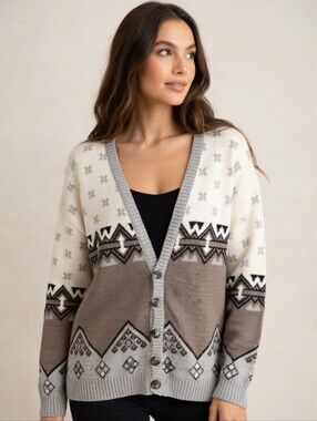 Porto Bello Vintage 80's Tan and Cream Patterned Knit Grandpa Cardigan Sweater L